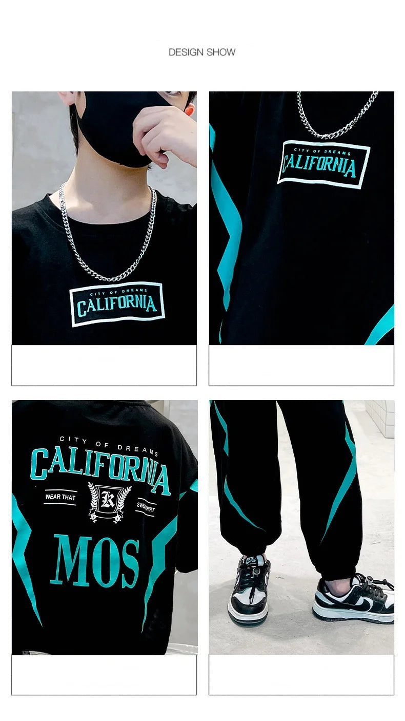 Summer Boys Cotton Alphabet Lightning T-Shirt Tops+Sweatpant School Kids 2PCS Tracksuit Child Jogger Outfit Workout Set 5-14 Yr