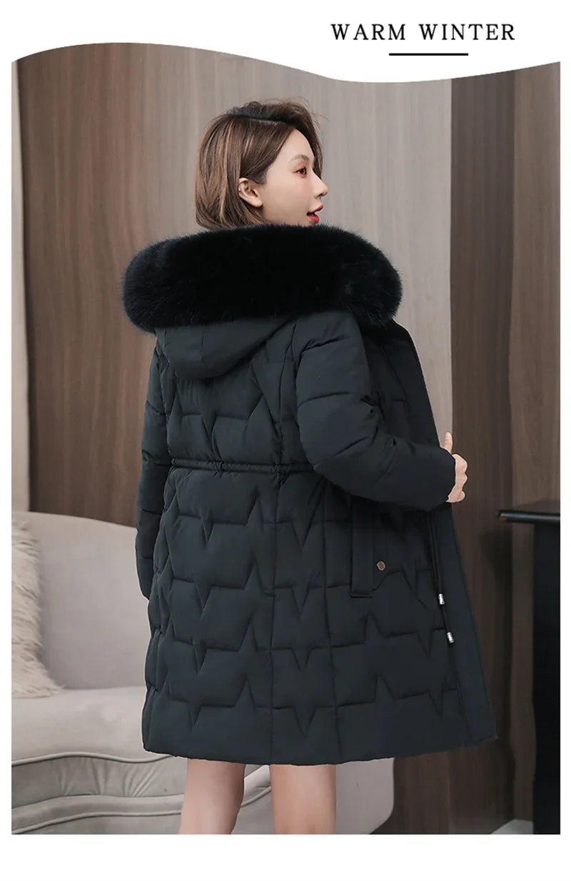 2025 New Winter Women Parka Fur Hooded Jackets Thicken Warm Cotton-padded Puffer Coat Casual Long Parkas Clothes Loose Outerwear