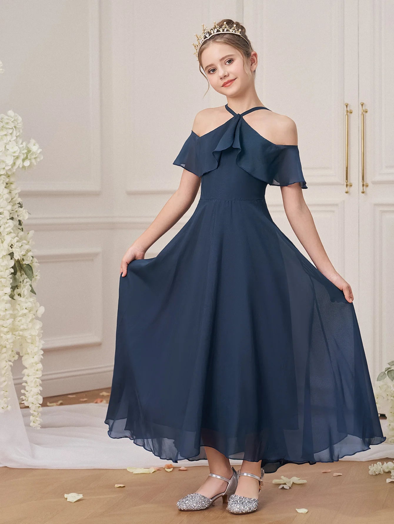 Ruffle Girls Party Bridesmaid Strap Dress off Shoulder Long Wedding Princess Prom Dresses Kids Elegant Beach Birthday Evening
