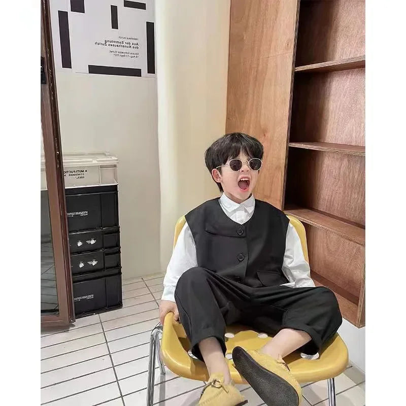 2022 Children Sets Shirts Turn-down Collar Vest Single Breasted Pants Ankle Length Loose Solid Soft Simple Casual Autumn Boys