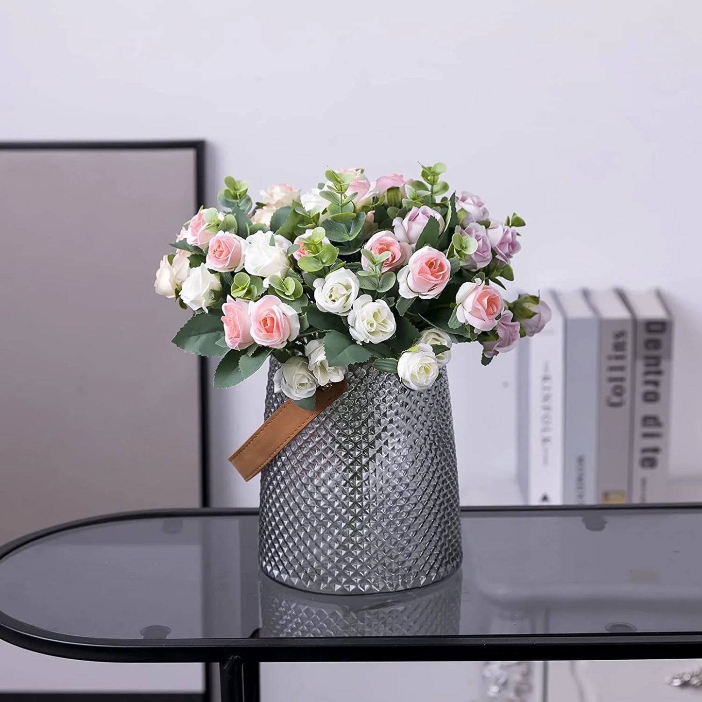 10 Heads Artificial Flower Silk Rose white Eucalyptus leaves Peony Bouquet Fake Flower for Wedding Table Party Vase Home Decor