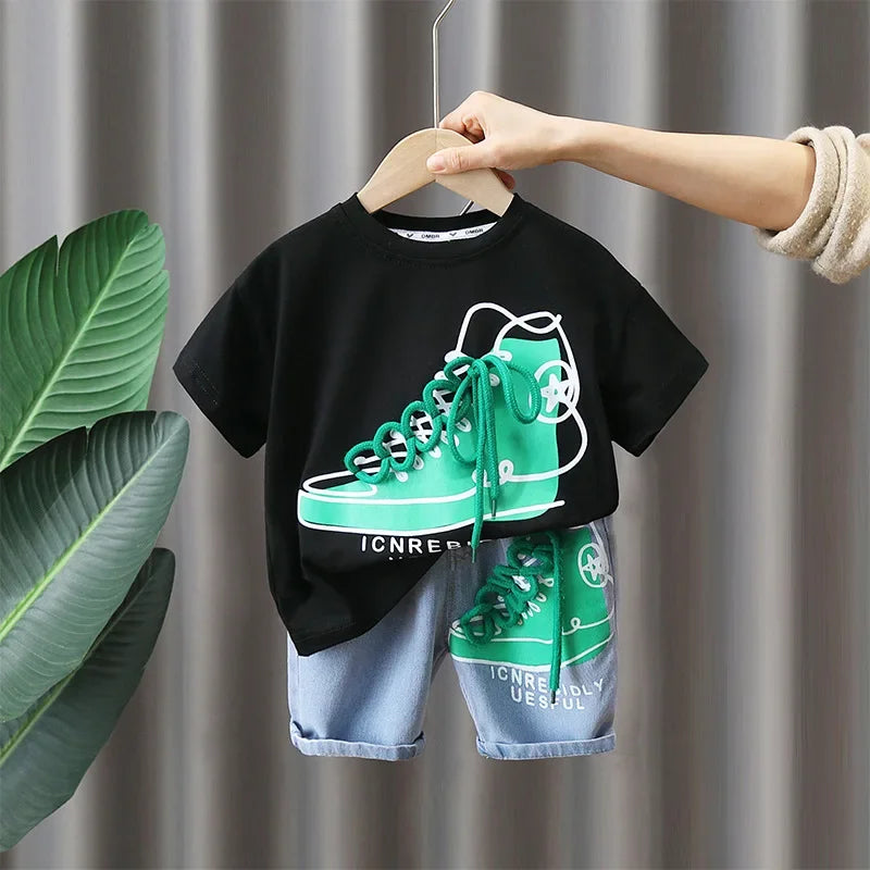 2849 Boys Summer Suit 2023 New Children's Summer Cool Handsome Short Sleeve Baby Boy Thin Fashionable Clothes