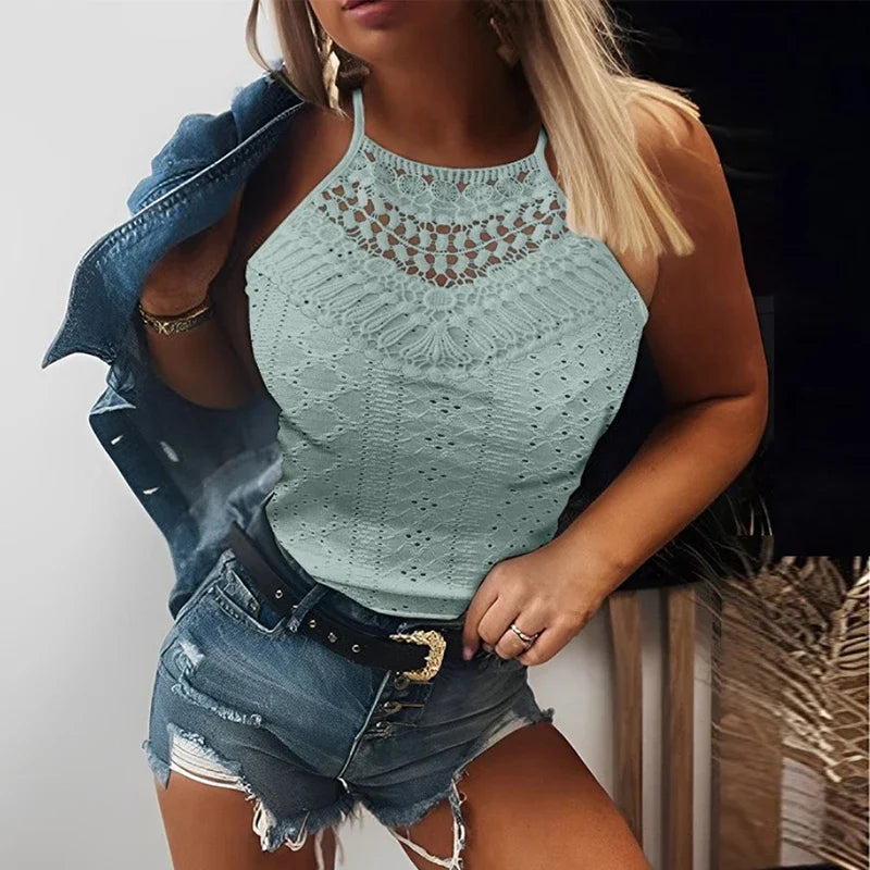 Sexy Lace Vest Women Tank Tops Female O Neck Hollow Out Women T-Shirts Sleeveless T Shirs For Women Tee Crop Tops