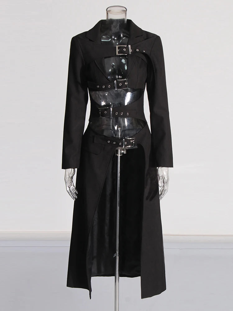 TWOTWINSTYLE Solid Hollow Out Sexy Long Coat For Women Lapel Long Sleeve Spliced Belt Chic Sexy Asymmetrical Jackets Female New