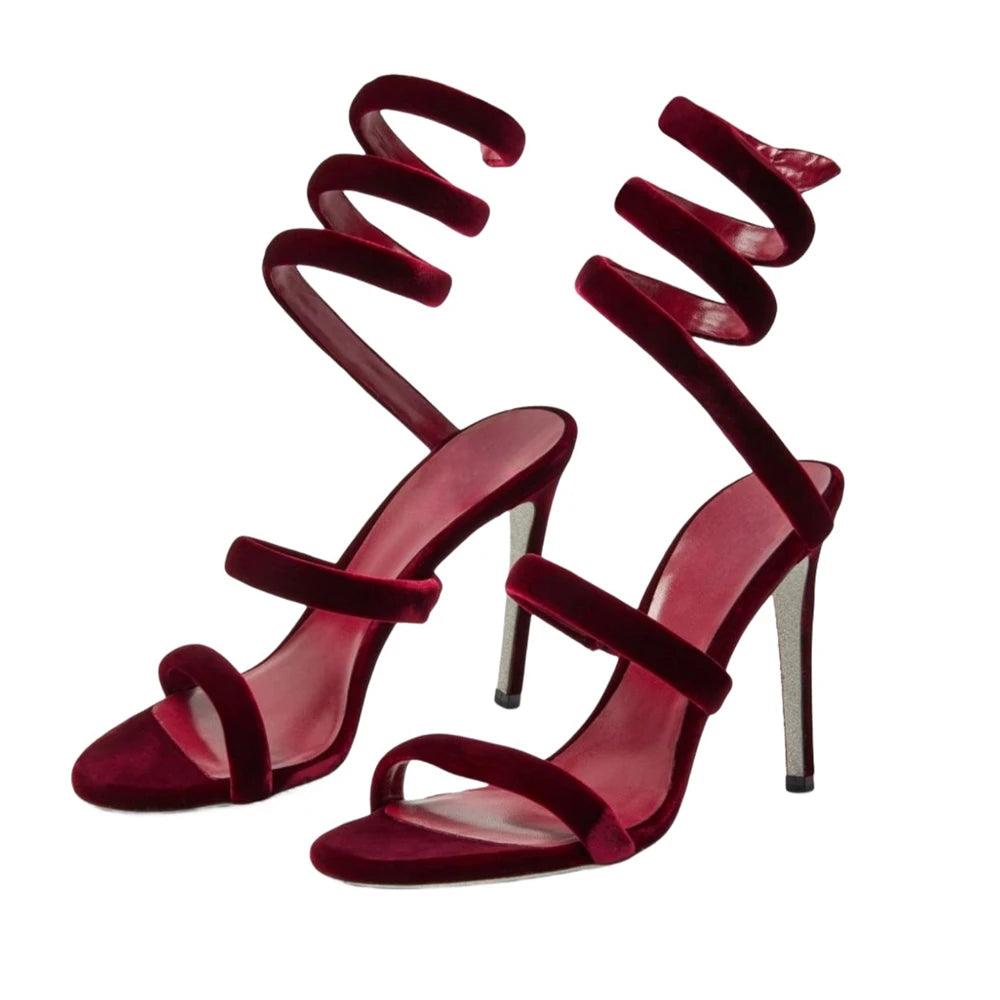 Summer new round toe silk ribbon snake-shaped wrapped sexy sandals thin high-heeled banquet dress large size women's shoes