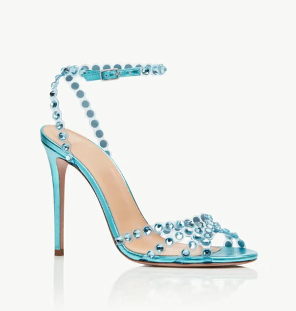 Women Peep Toe Wedding Sandals Crystal Bling Bling Colored Rhinestone shiny Sandals Stiletto Heels Slingback Ankle Strap Shoes