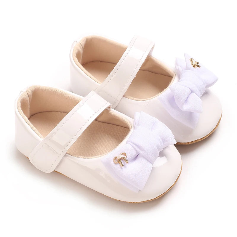 VALEN SINA 0-18 Months Newborn Girl White Baptism Shoes Bow Non-slip Rubber Soft-Sole Flat PU First Walker Mary Janes