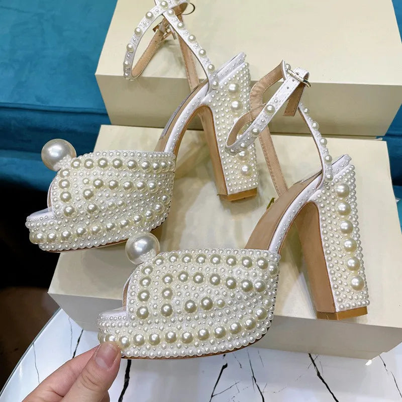 Fully Handmade Luxury Pearls Thick Heeled Peep toe Women Sandals Summer Fashion Platform Wedges High heels Wedding Banquet Shoes