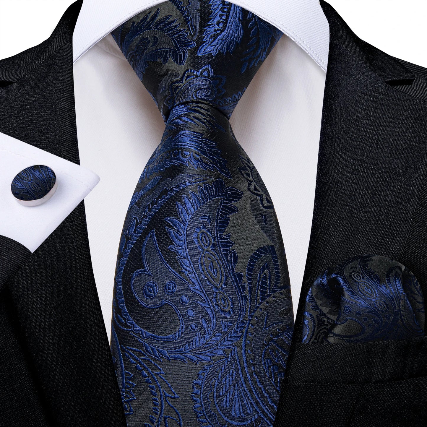 Royal Blue Paisley Plaid Striped Men tie Set with Handkerchief Cufflinks Wedding Prom Groom Accessories Perfect Gift for Men