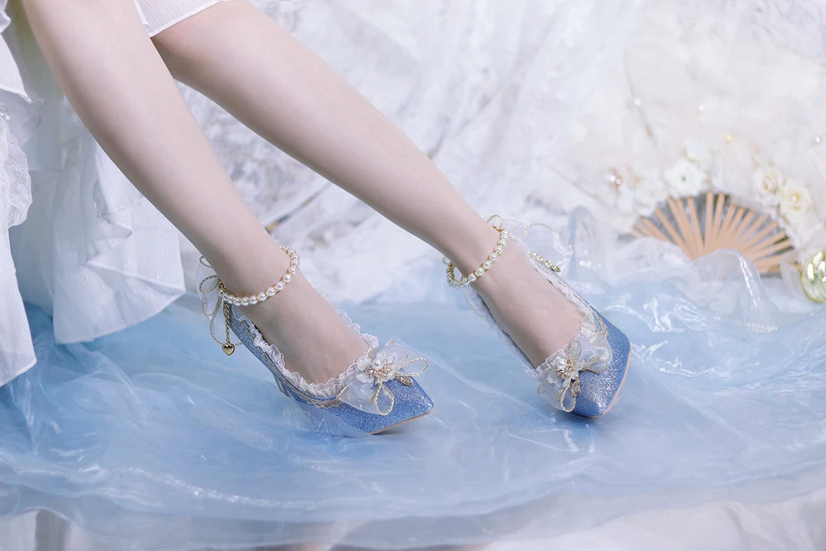 Lolita High Heels One Night Story Lolita Shoes Shiny Pointed High Heels Flower Wedding Ceremony 18 Year Old Slim Heels