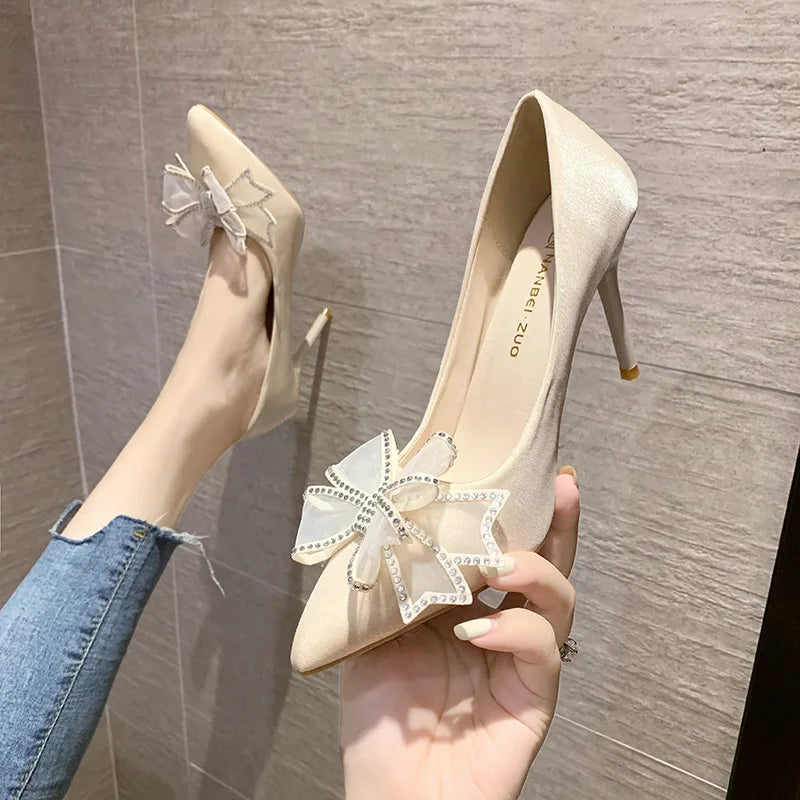 Crystal Wedding Shoes Bride Wedding Dress Two Wears New Bow High Heels Women's Summer Slim Heels White Pointed Sandals Women