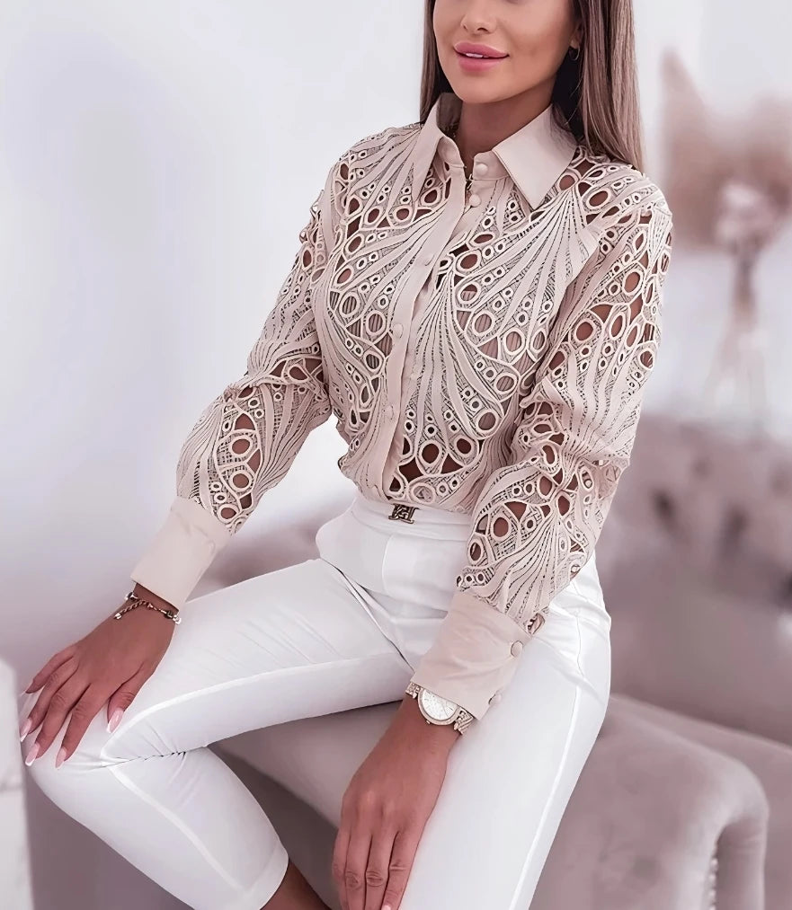 Women's Blouses Hollowed Out Long Sleeved Shirt Casual Solid Button Up With Lapel And Open Front Camisas Femininas
