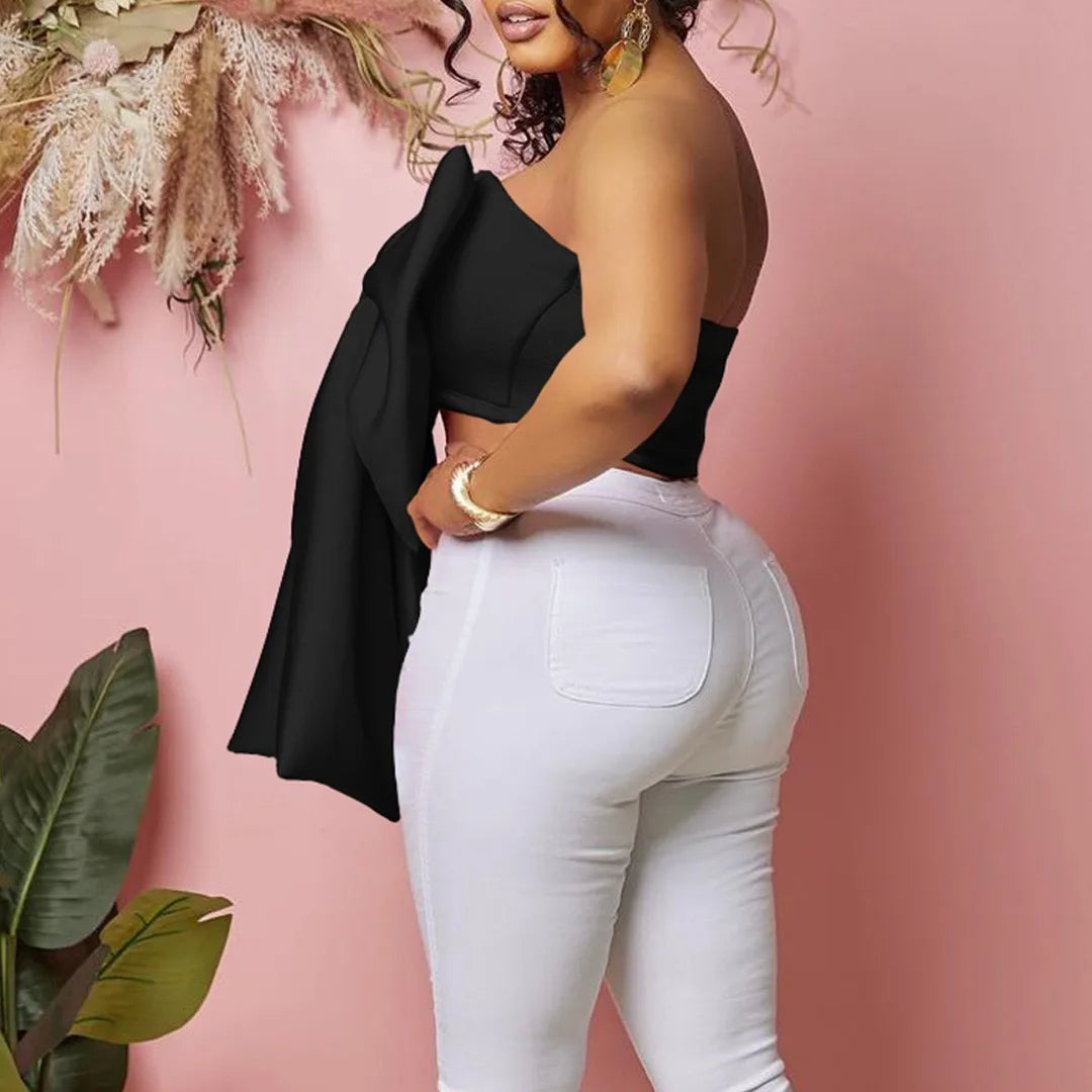 Sexy Blouse & Shirts for Woman Off the Shoulder Backless Big Bow Decorate Zipper Closure Fashion Ladies Evening Night Club Tops