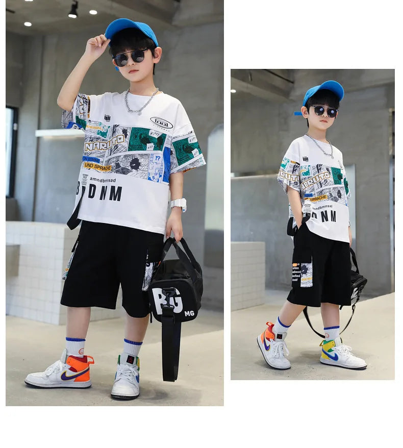 Summer Boys Cotton Alphabet Picture Printed T-Shirt Tops+Shorts Pant School Kids 2PCS Tracksuit Child Outfits Workout Set 3-16Yr