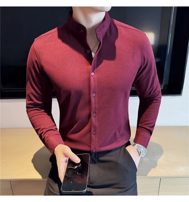 Winter Men Woolen Shirt with British Style Solid Casual Stand Up Collar Thick Warm Wool Formal Dress Shirt Fashion Men Clothing