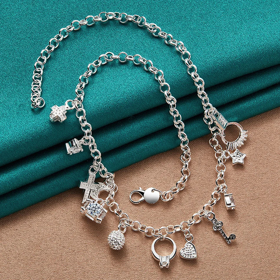 URMYLADY 925 Sterling Silver Ring/Cross/Star/Moon Necklace Bracelet Set For Women Wedding Party Fashion Charm Jewelry