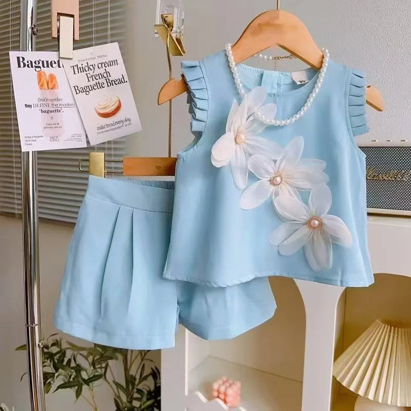 New Baby Girls 2Pcs Summer Clothing Set Three Flowers Short Sleeve T-shirt Shorts Toddler Children's Girl Casual Outfit Suit