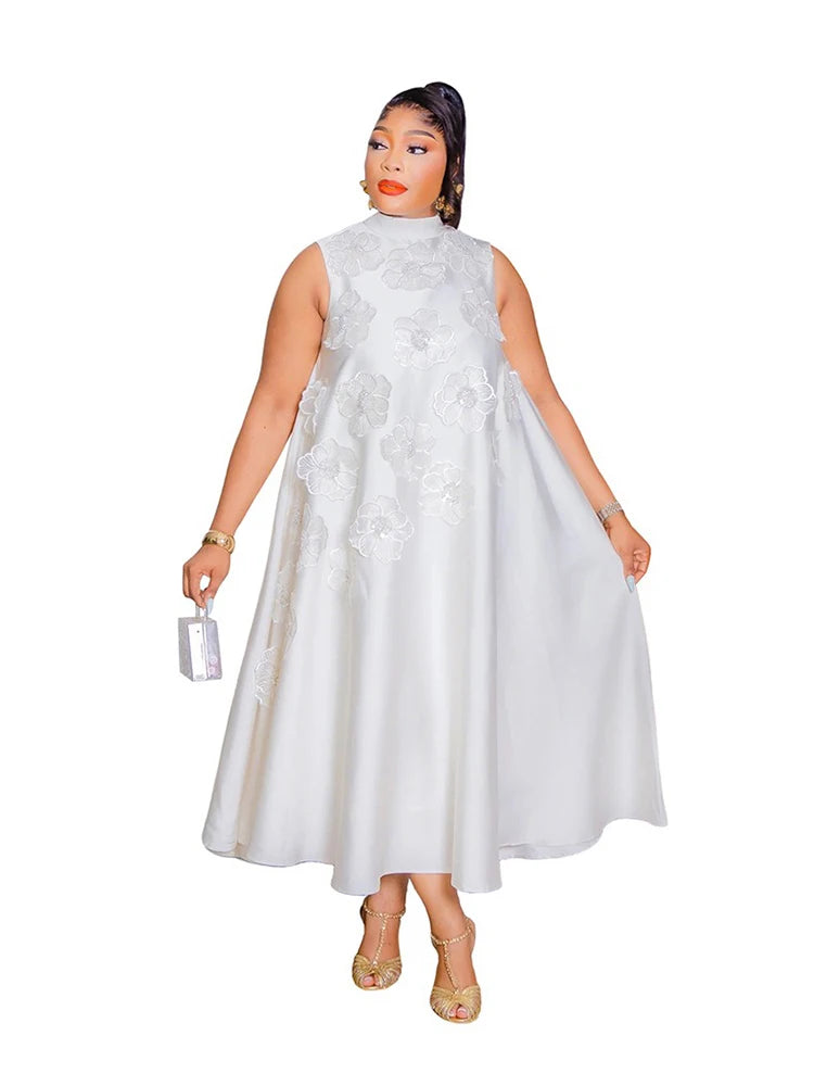 Woman African Traditional Dresses Summer Elegant Sleeveless Dress Stretchy Fake Silk Midi Dresses Luxury Wholesale Dropshipping