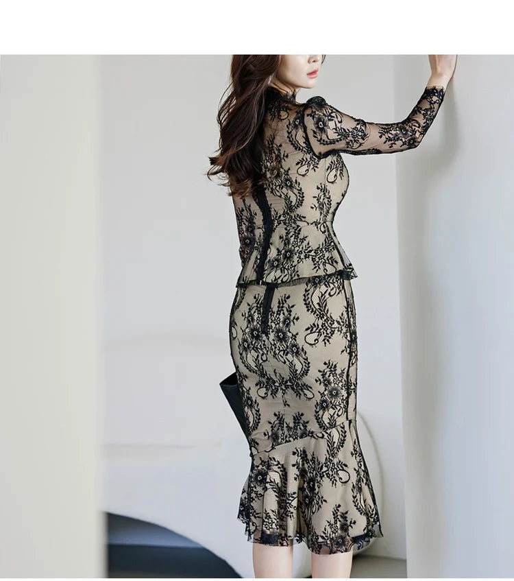 Spring Professional Woman Lace 2 Pieces Set Simple Tops + Vintage High Waist Mermaid Skirt Korean Skirts Suits