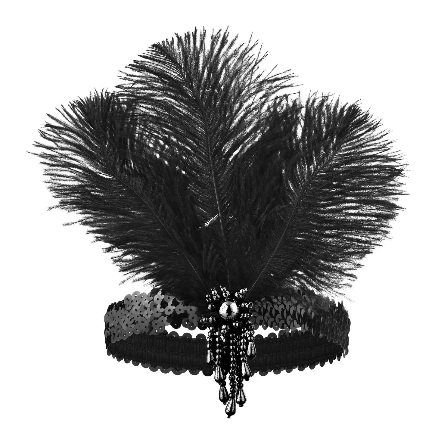 Women's Black Hair Accessories Beaded Sequin Hair Band 1920s Retro Gatsby Single Party Ladies Headwear Dress UP Feather Headband