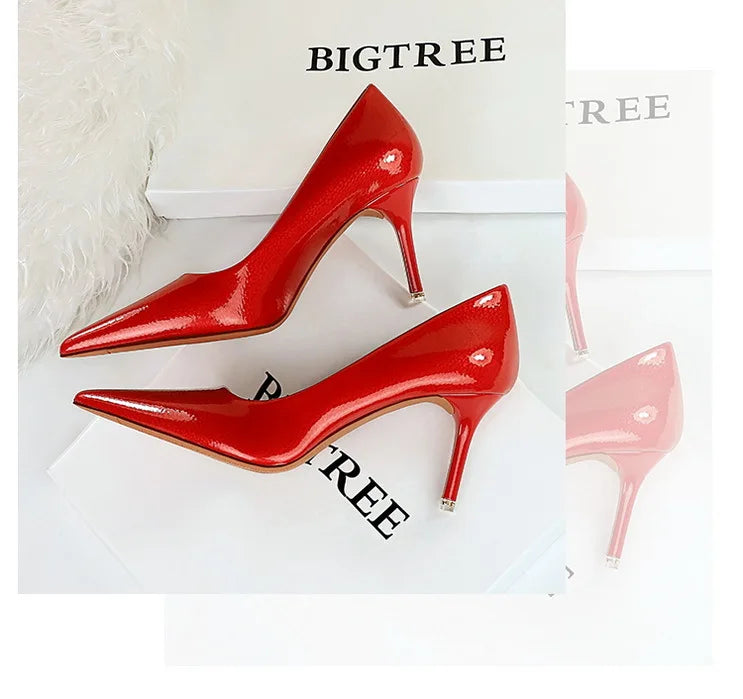 BIGTREE Elegant Simple Woman Heels Slim Heels High Heels Shallow Mouth Pointed Crystal Patent Leather Single Shoes Women Shoes