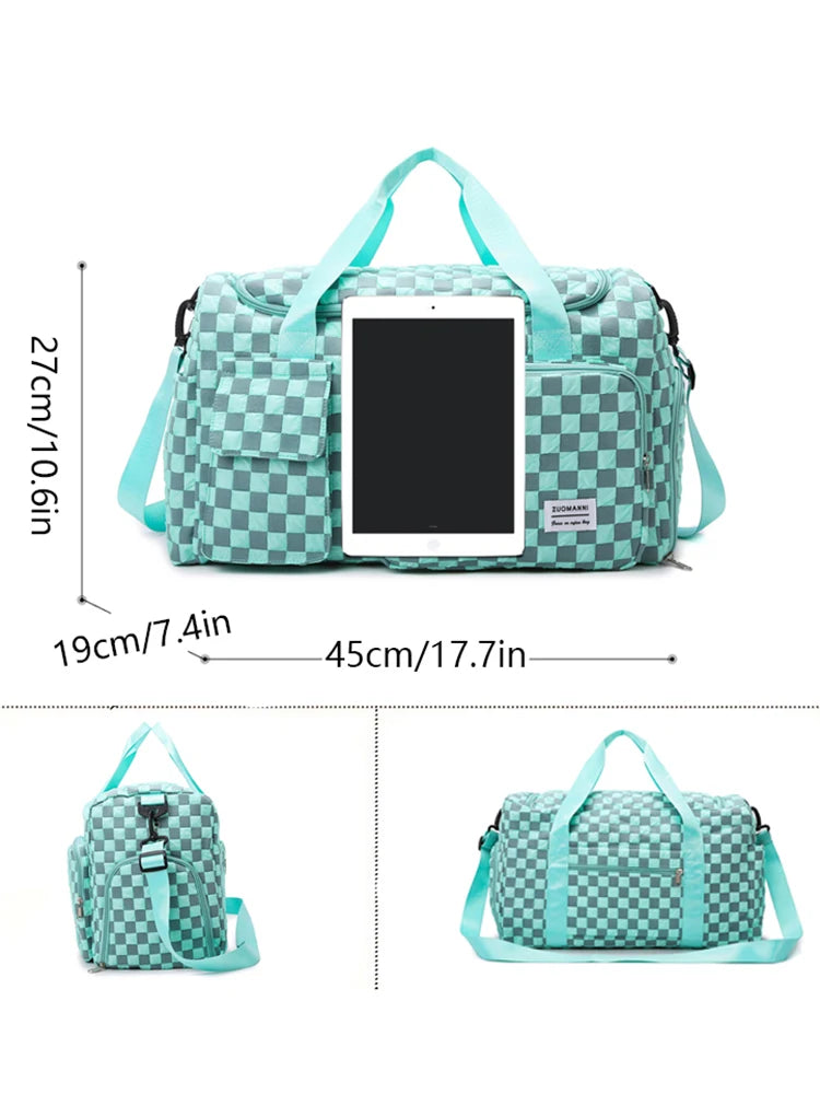 Stylish Checkerboard Pattern Design Large Capacity Duffle Travel Bag, Portable Sports Gym Bag, Weekender Overnight Bag