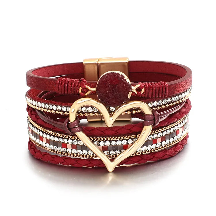 WYBU Love Heart Charm Leather Bracelets For Women Fashion Braided Bangles Multilayer Resin Stone Hollow Leather Wrap Bracelets
