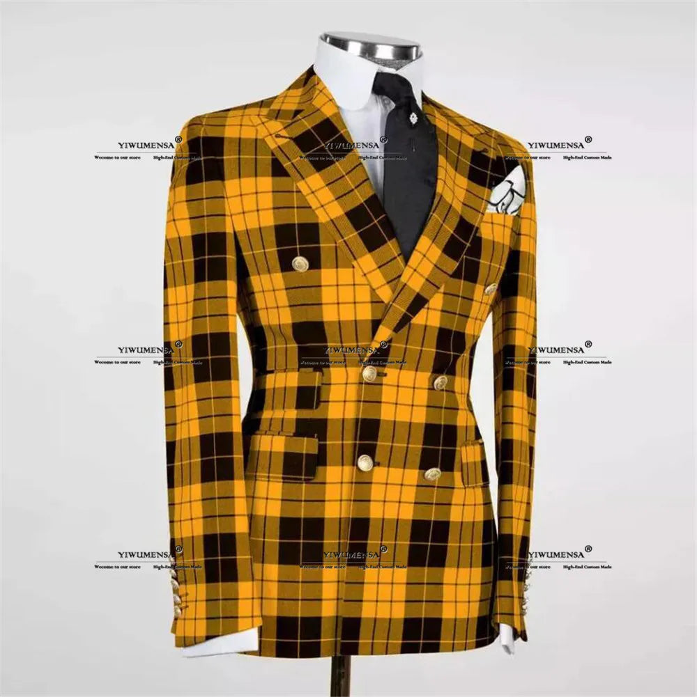 Plaid Check Suits Men Double Breasted Prom Blazers Formal Business Jacket Pants 2 Pieces Groom Wedding Tuxedos terno masculino