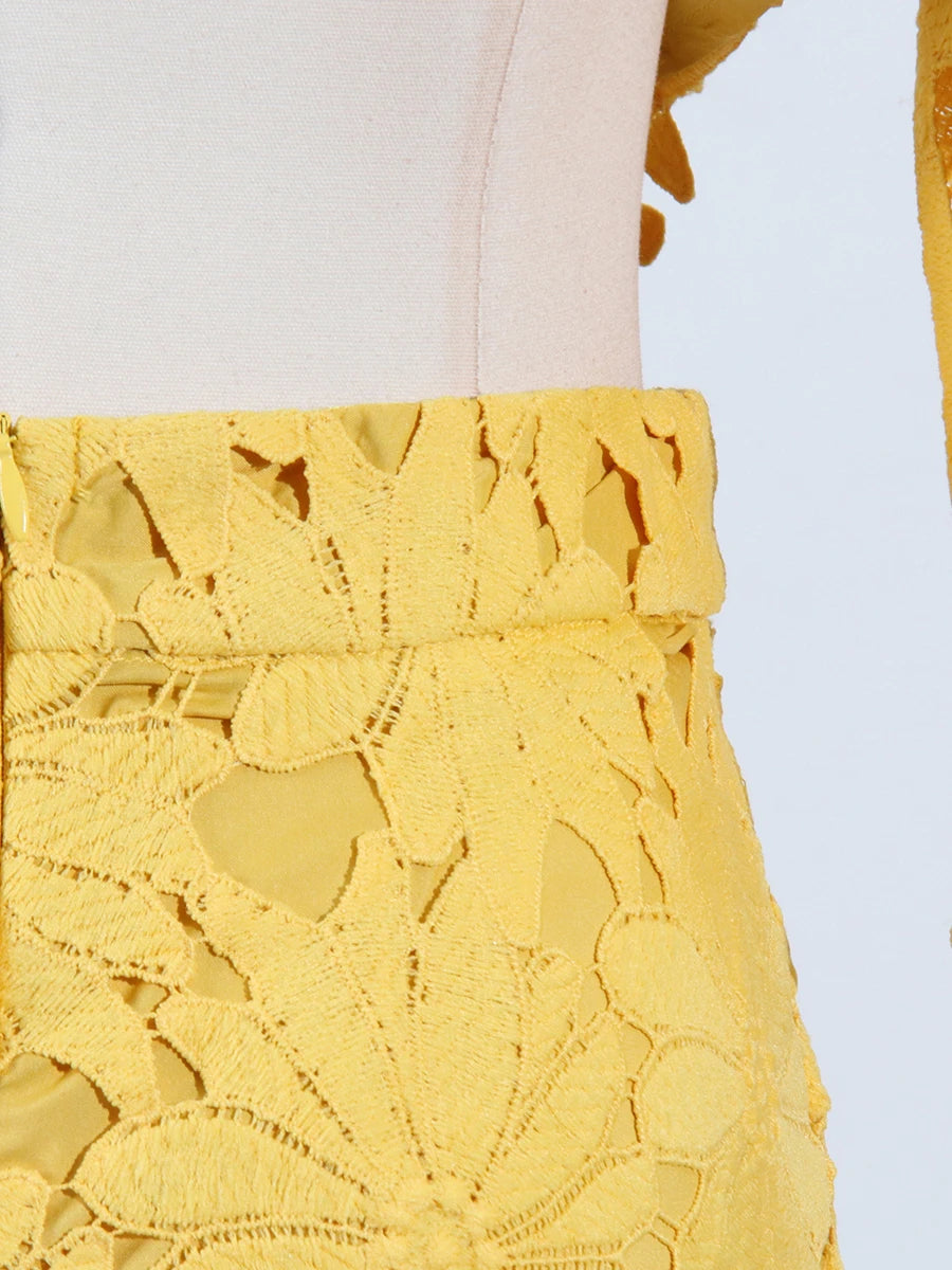 VGH Embroidery Two Piece Set for Women O Neck Batwing Sleeve Top High Waist Hollow Out A Line Long Skirt Elegant Suit Female New