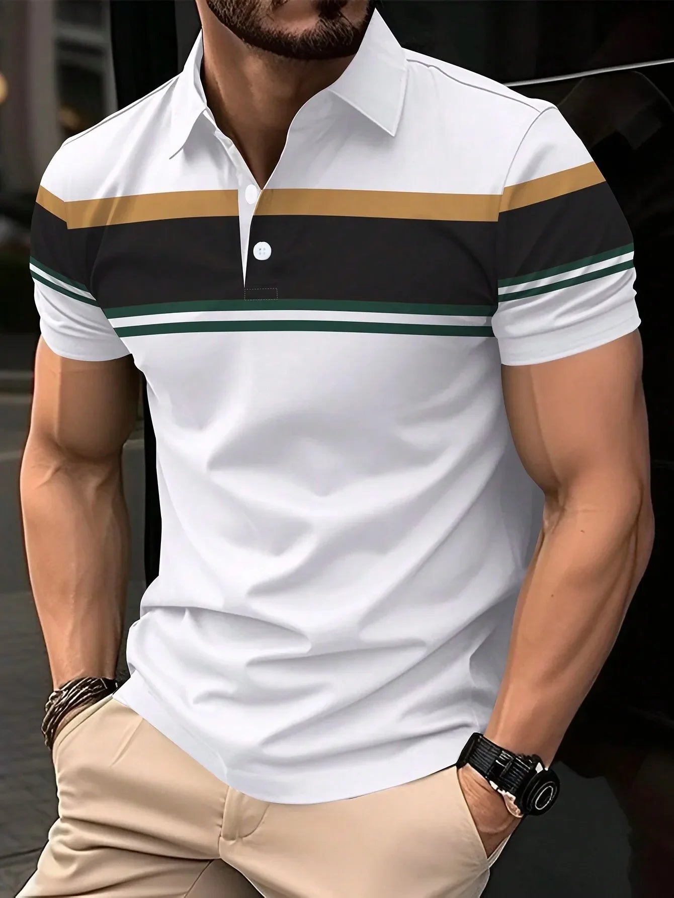 New Summer Men's Polo Shirt Button Collar Short Sleeve Pullover Casual Sports Solid Color Striped Lapel Trend Men's T Shirt