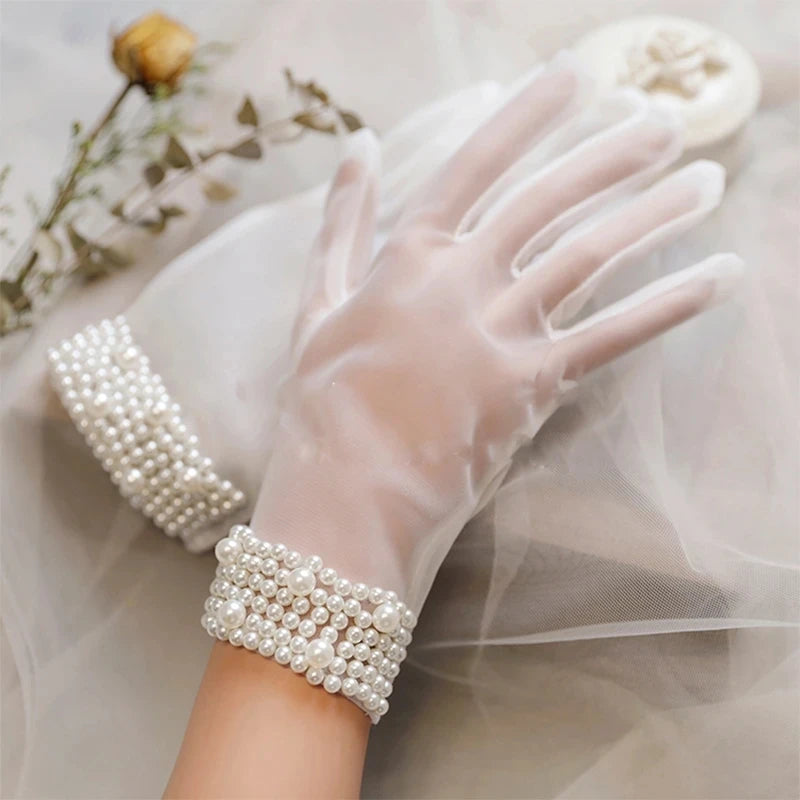 Wedding Date White Satin Lace Short Gloves Ladies Bride Accessories