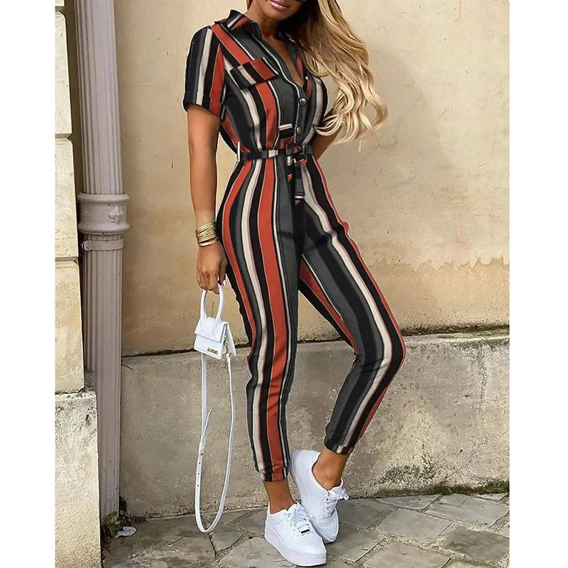 New Summer Jumpsuit Women Elegant Casual Lapel Buckle Printed Female Jumpsuit Woman Trousers Playsuit Overalls Bodysuit Romper