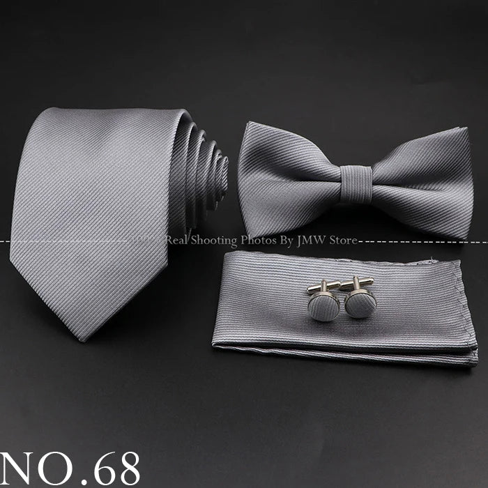Hot Sale Red Blue Tie Set Polyester Slim Striped Necktie Bowtie Cufflink Brooch For Groom Suit Wedding Cravat Shirt Accessory