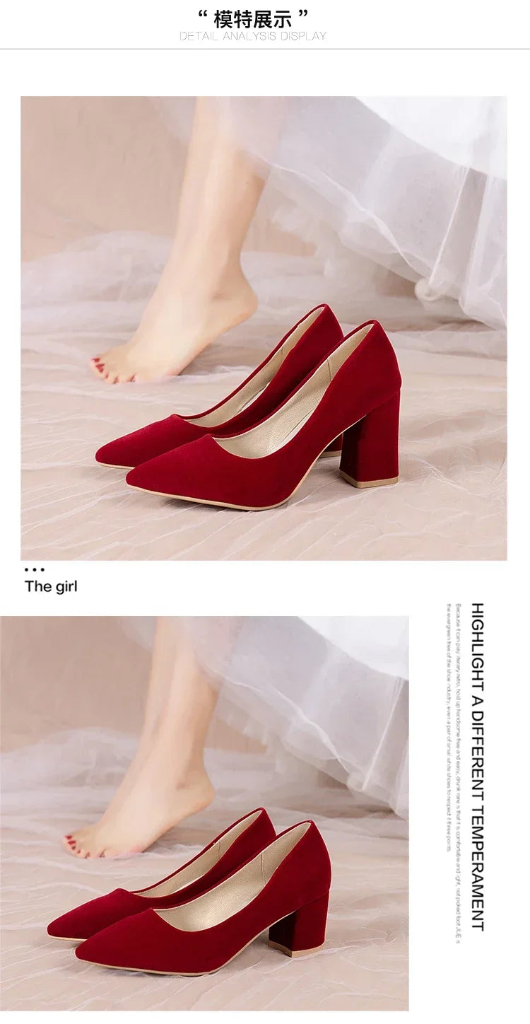 French Red Wedding Shoes for Women 2024 Spring/Summer/Autumn New Pointed Thick Heels Not Tiring Feet Bride Shoes