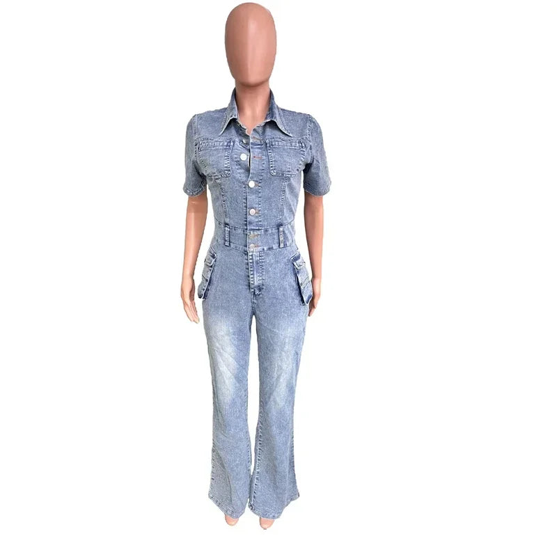 Casual Slim Short Sleeve Stretch Stir Fried Floral Washed Denim Jumpsuit Jeans Playsuit Cotton Flared Pants Jump Suit Overalls