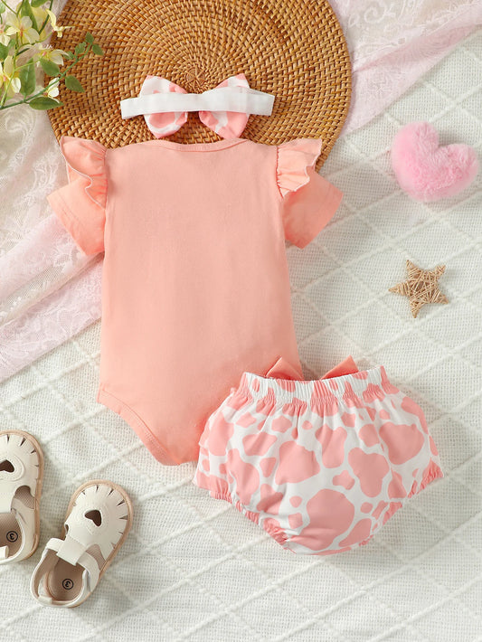 0-2 Year Old Baby Summer Solid Color Short Sleeved Letter Printed Round Neck Bread Shorts Bow Set Baby Clothing
