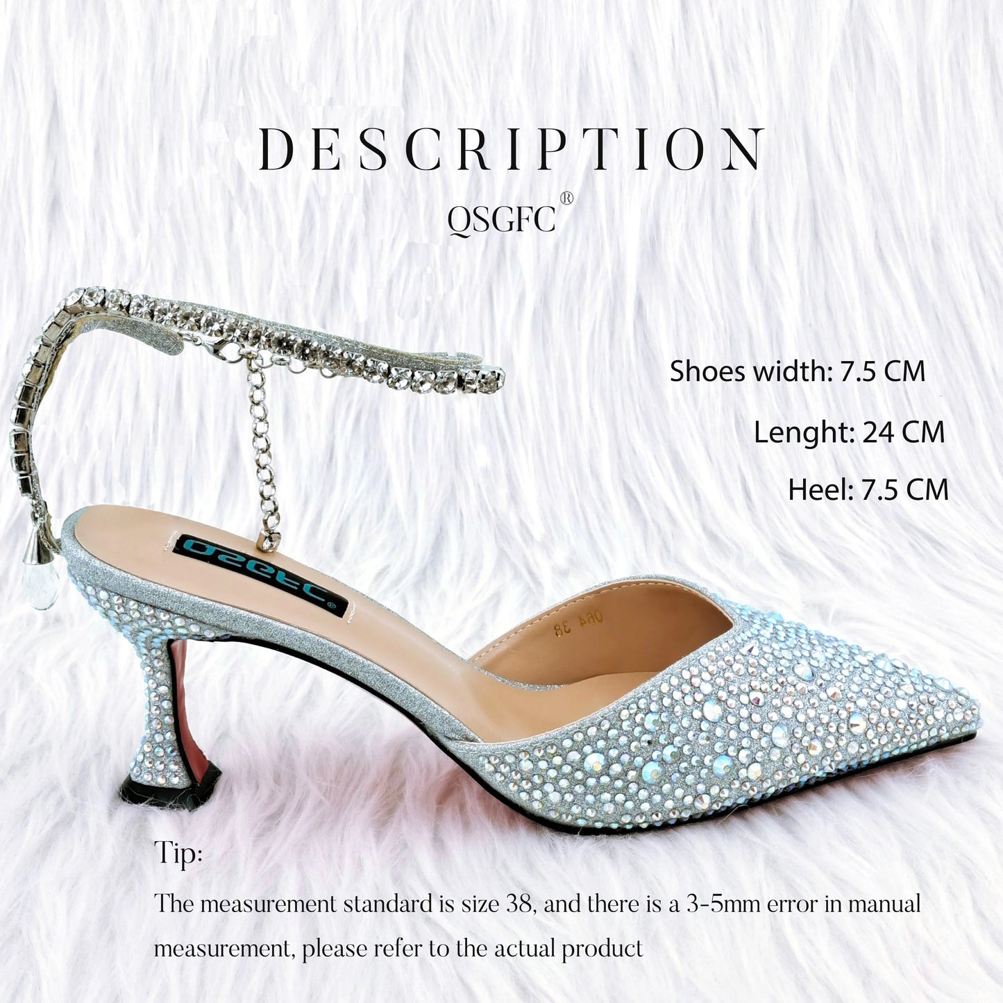QSGFC New Gold Glitter Fabric Pointed Toe High Heels With A Variety Of Shapes Of Rhinestones Fashion Party Ladies Shoes And Bag