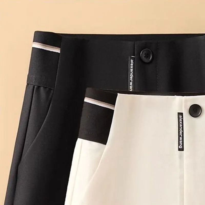 Female Korean Solid Color Spliced Casual Knee Pants Female Summer Fashion All-match High Waist Straight Pants Women's Clothing