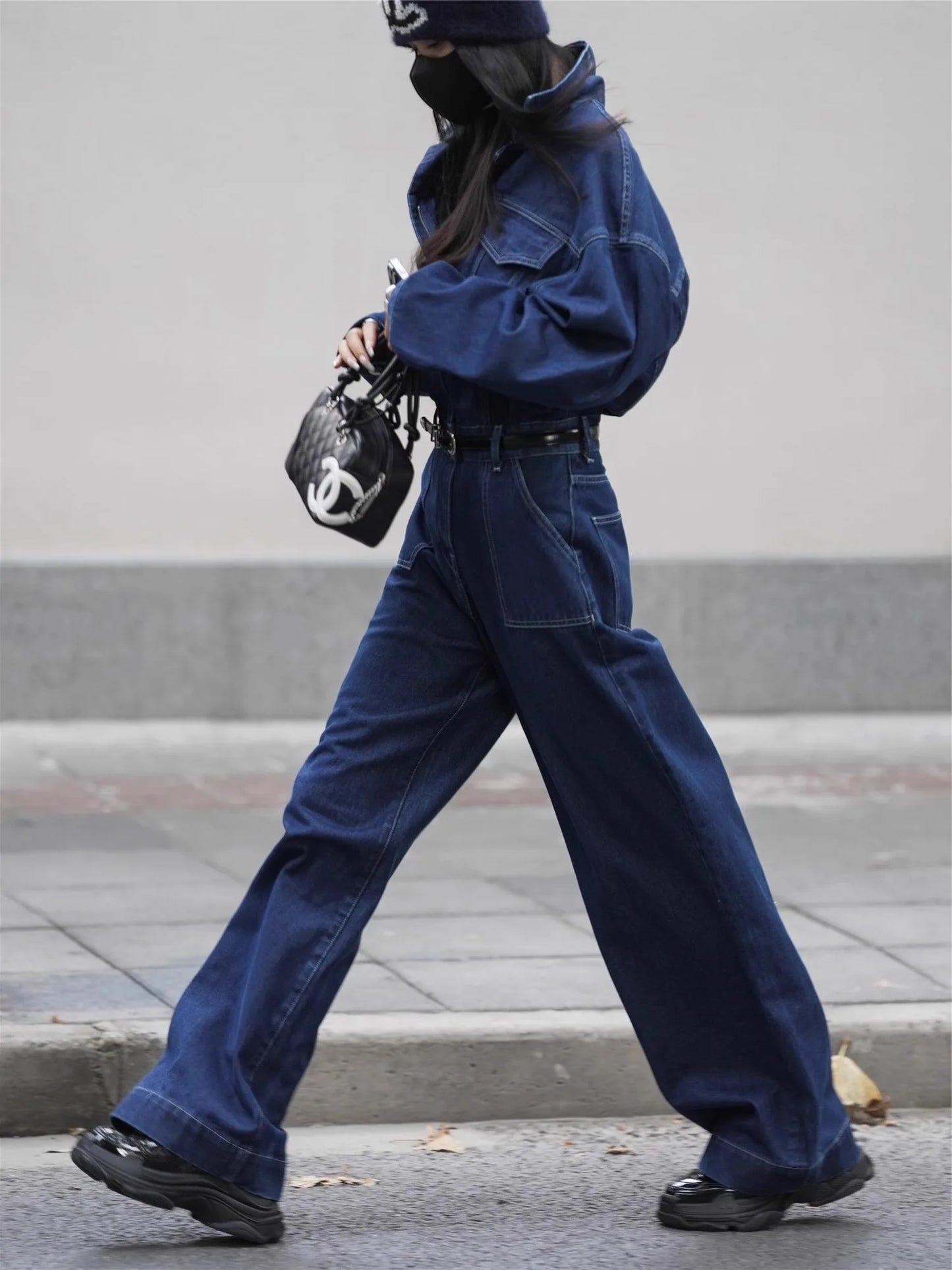Blue Design Denim Jumpsuit Women'S Spring And Autumn Collar Fashionable Workwear Large Pocket Loose Pants