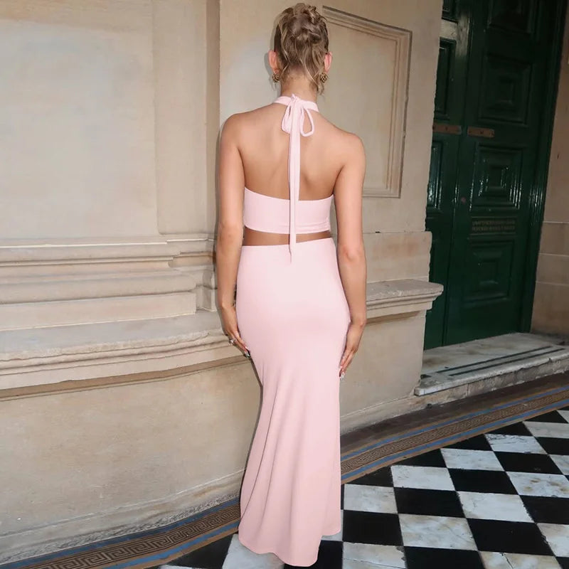 Mozision Elegant Summer 2 Piece Sets Women Metal Ring Crop Tops And Maxi Skirt Female Fashion Solid Lace-up Beach Two Piece Sets
