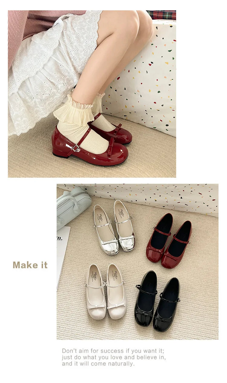 Spring Autumn Wine Red Mary Jane Shoes For Women Low Heel Fashion Butterfly-knot Roud Toe Female Eelgant Dress Leather Shoes