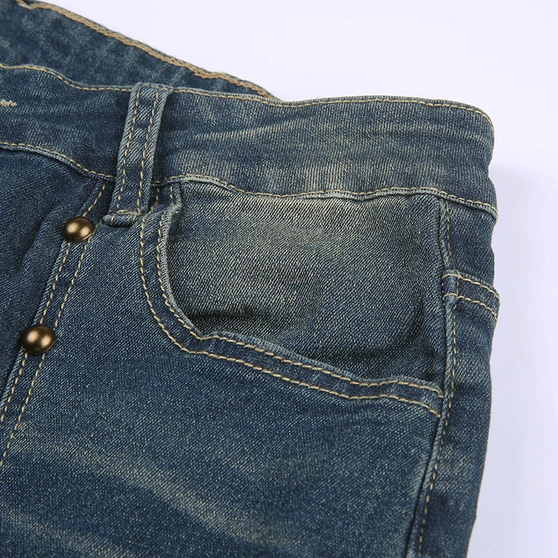 Rockmore Vintage Low Waist Flare Jeans Women Y2K Chic Rivet Slim Pencil Jean Pants Streetwear Fashion Retro Denim Trouser Korean