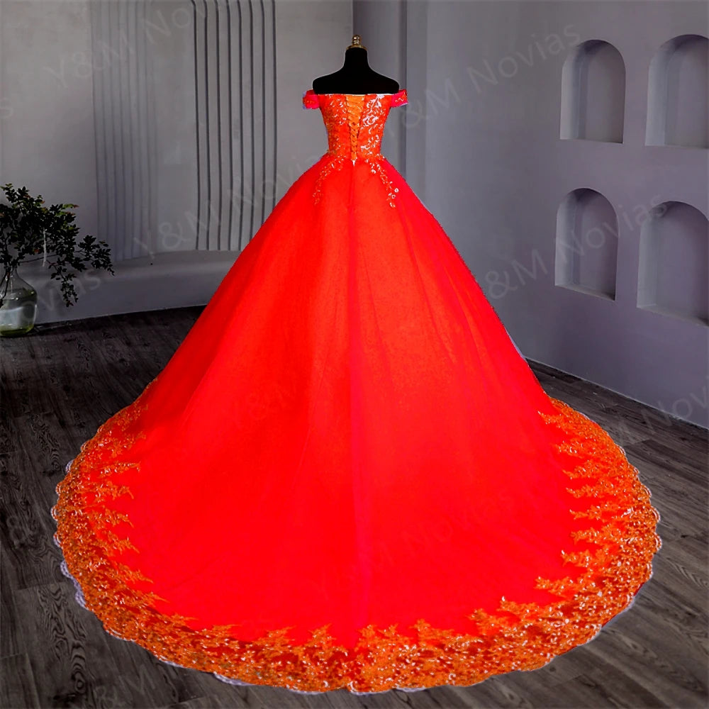 Customized Color Sweet 16 Dress Pink Off Shoulder Plus Size Vestido De Noiva Purple Quinceanera Dress Ball Gown Flower Women