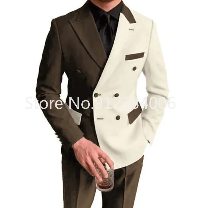 Elegant Black White Men Suit Slim Fit Peak Lapel Double Breasted 2 Piece Formal Groom Wedding Tuxedos Blazer+Pants Costume Homme