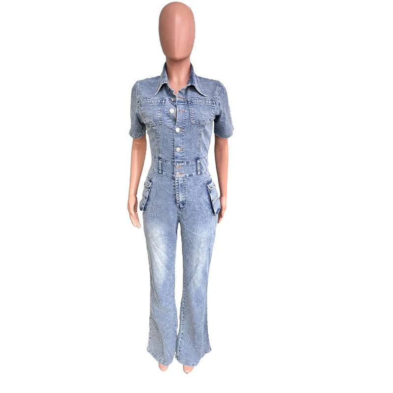 Casual Slim Short Sleeve Stretch Stir Fried Floral Washed Denim Jumpsuit Jeans Playsuit Cotton Flared Pants Jump Suit Overalls