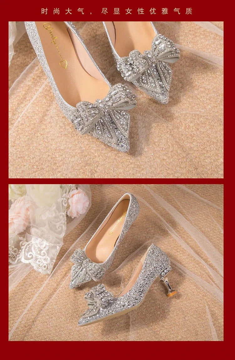 Women's Rhinestone Wedding Shoes New Year Shoes Luxury Buckle Decorative Banquet Women's Shoes High Heels Gold Silver Red