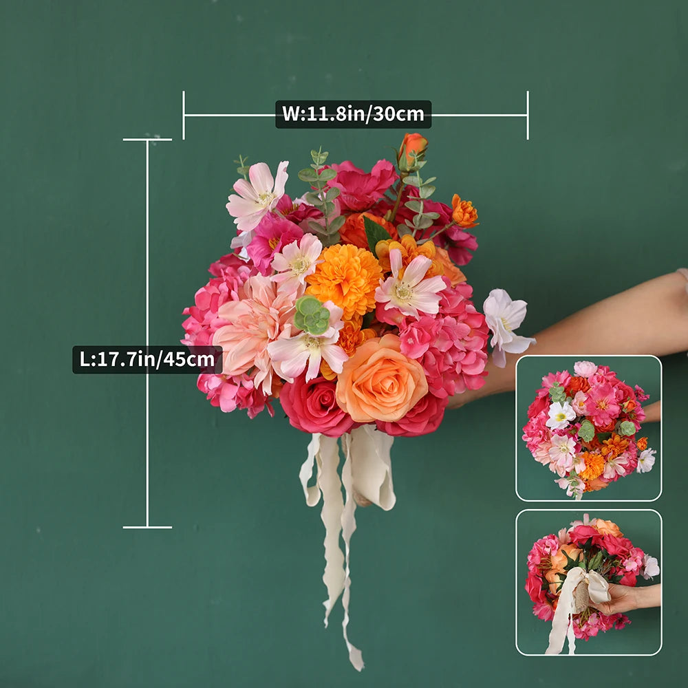 Flowers Artificial Decoration Orange Pink Series Rose Greens Floral Arrangement Bridal Bouquet for Wedding Event Decor J2601