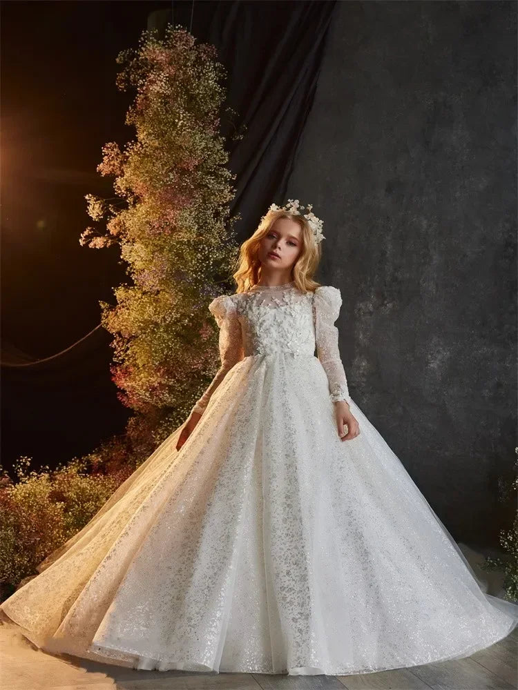 Flower Girls Dress For Wedding Party Butterfly Baptism Gowns Tulle Long Sleeve High Neck Appliques First Communion Gown