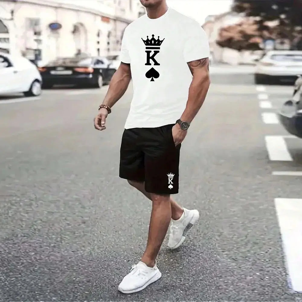 Men's Outdoor Printed T-shirt Shorts 2-piece Set 3D Printed O-neck Fashionable Men's Casual Breathable and Comfortable Set