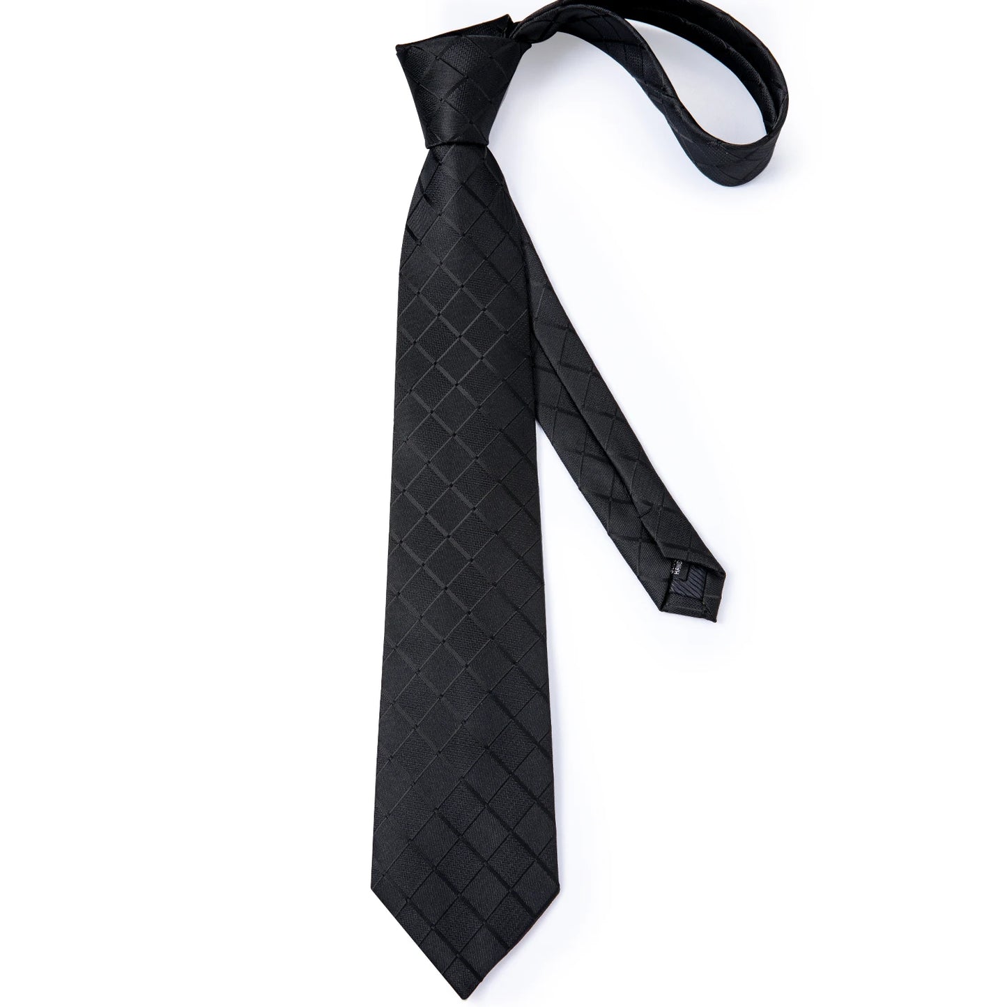 Solid Black Plaid Men's 8cm Polyester Neck Tie Handkerchief Cufflinks Set with Gift Box Tie Clip Birthday Anniversary Gift